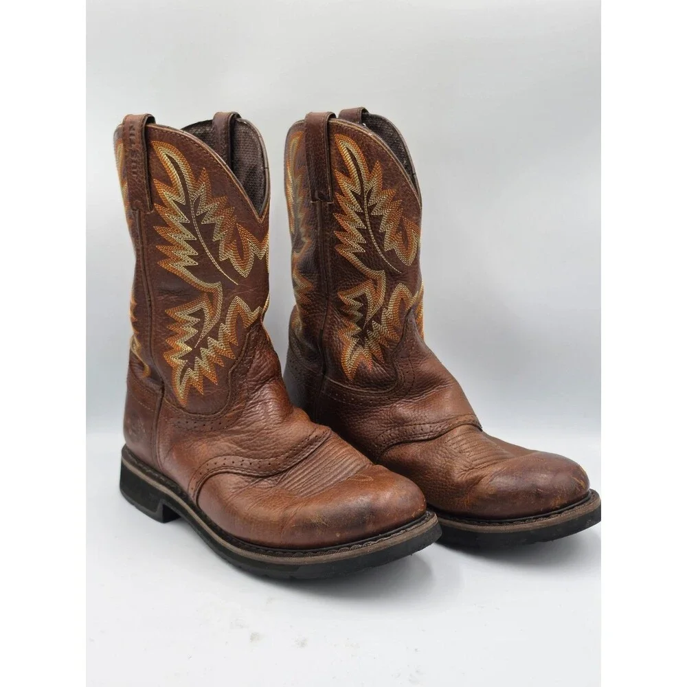 Justin Stampede Pull On Western Work Boot Round Toe Mens Size 10EE Brown Leather